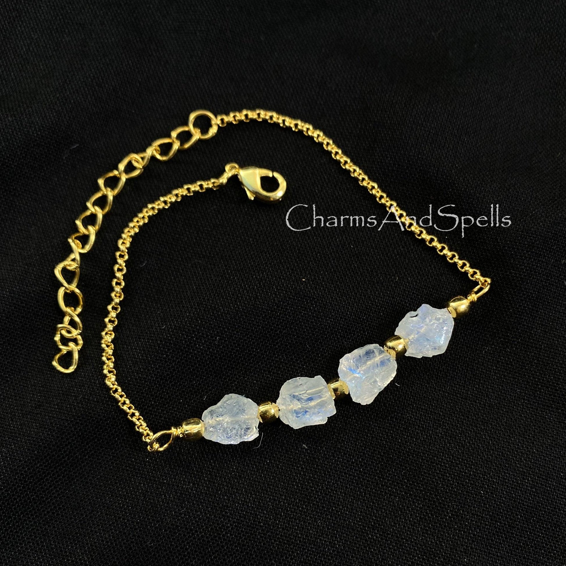 Raw Moonstone Bracelet, Gemstone Adjustable Bracelet, June Birthstone, Gold Plated Bracelet, Blue Fire Moonstone Bracelet, Statement Jewelry - Charms And Spells