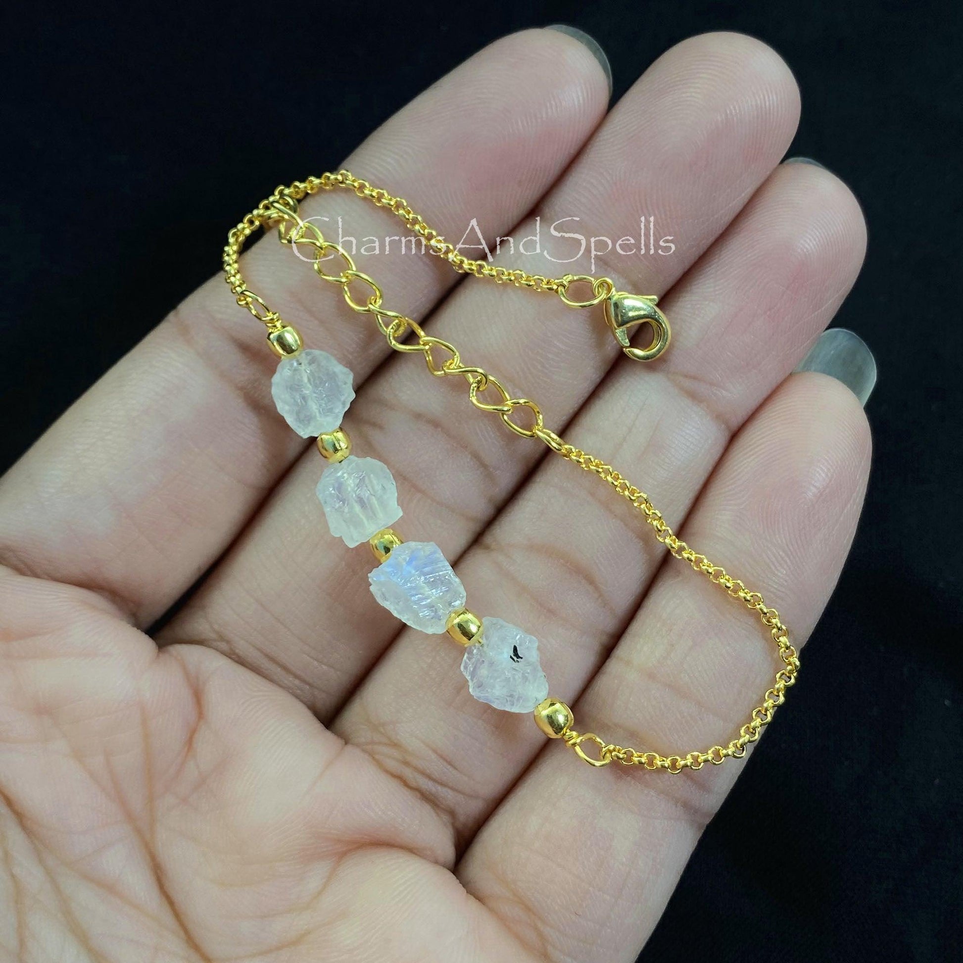 Raw Moonstone Bracelet, Gemstone Adjustable Bracelet, June Birthstone, Gold Plated Bracelet, Blue Fire Moonstone Bracelet, Statement Jewelry - Charms And Spells