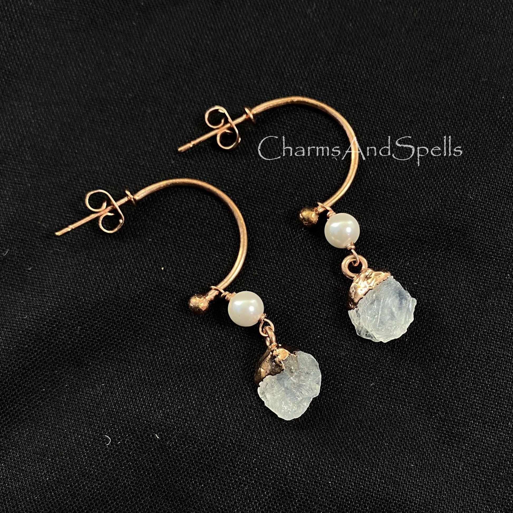 Rainbow Moonstone Earring, Rose Gold Plated Earring, White Pearl Earring, Raw Moonstone Earring, Flashy Moonstone Drop Earring, Boho Earring - Charms And Spells