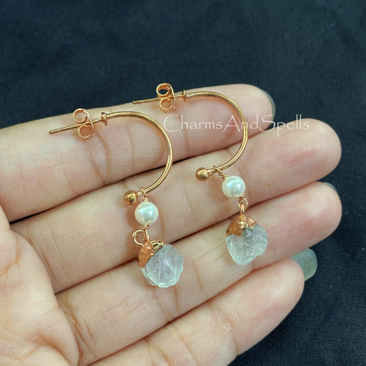 Rainbow Moonstone Earring, Rose Gold Plated Earring, White Pearl Earring, Raw Moonstone Earring, Flashy Moonstone Drop Earring, Boho Earring - Charms And Spells