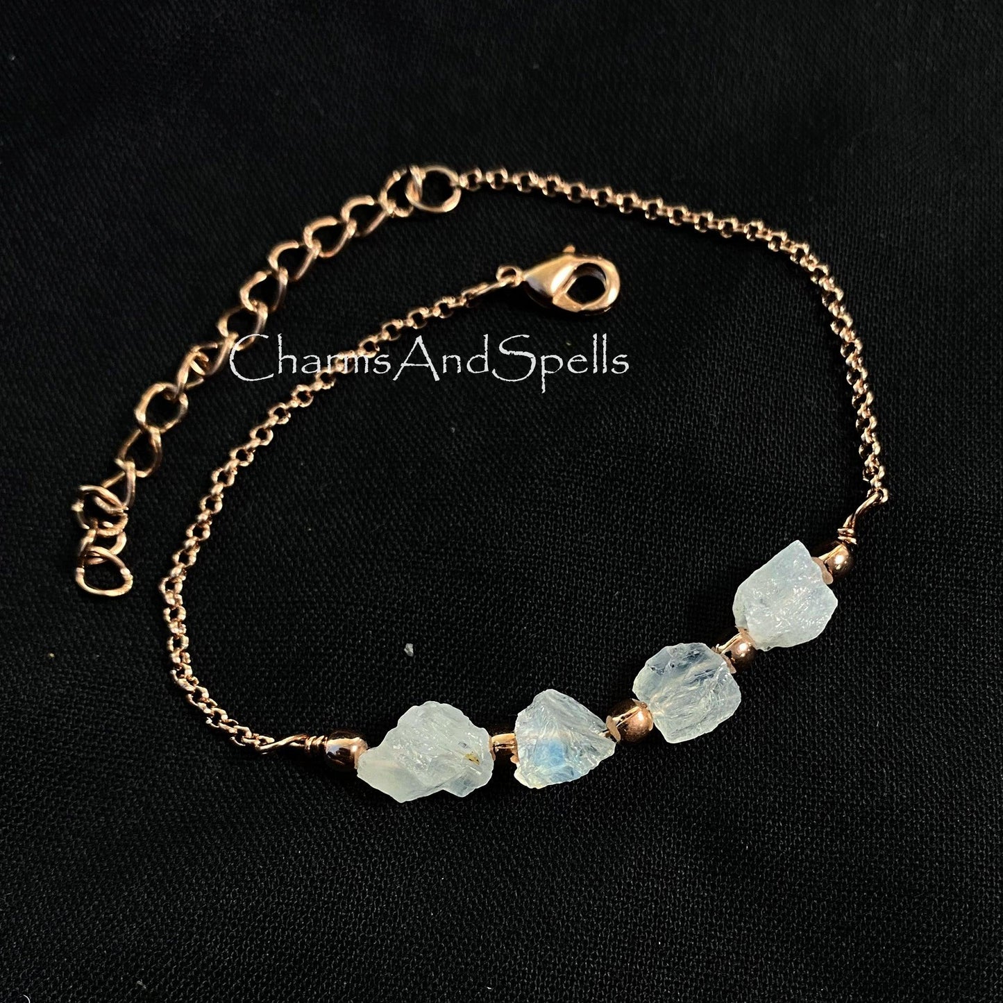 Raw Rainbow Moonstone Bracelet, Rose Gold Plated Bracelet, Blue Fire Moonstone Bracelet, Raw Crystal Gemstone Bracelet, Adjustable Bracelet - Charms And Spells