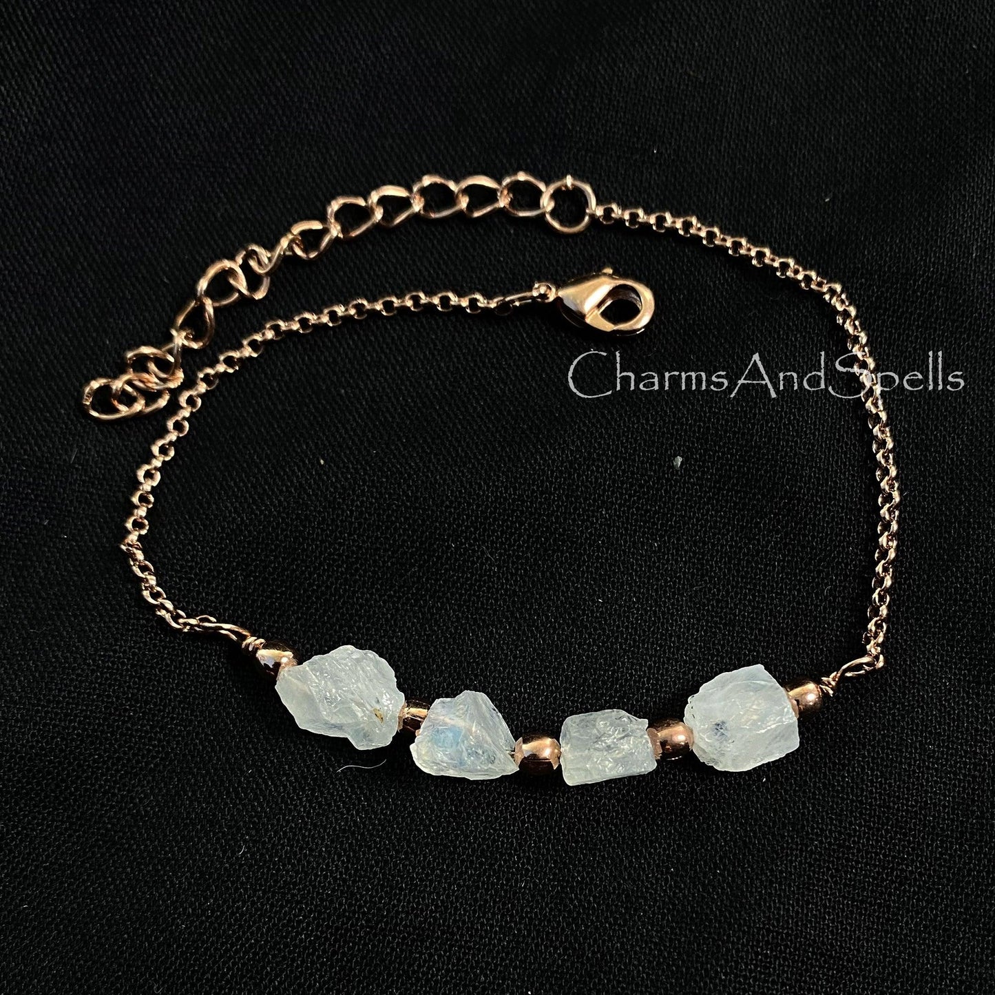 Raw Rainbow Moonstone Bracelet, Rose Gold Plated Bracelet, Blue Fire Moonstone Bracelet, Raw Crystal Gemstone Bracelet, Adjustable Bracelet - Charms And Spells