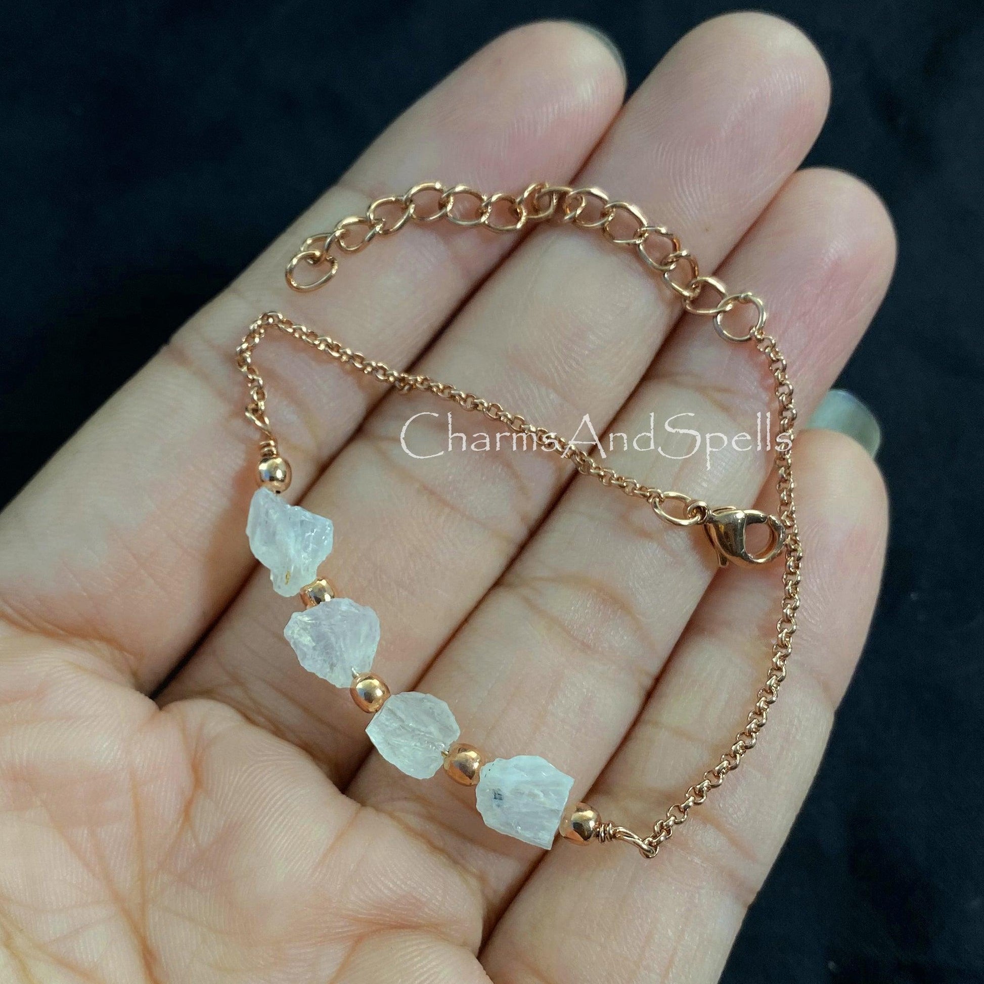 Raw Rainbow Moonstone Bracelet, Rose Gold Plated Bracelet, Blue Fire Moonstone Bracelet, Raw Crystal Gemstone Bracelet, Adjustable Bracelet - Charms And Spells