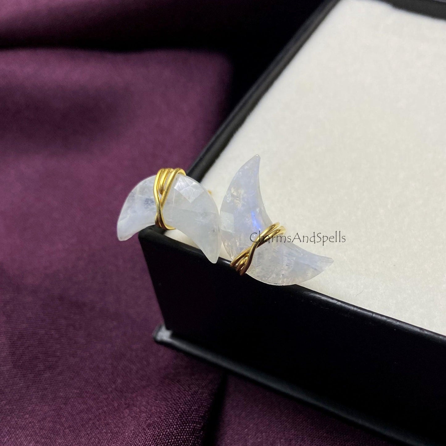 Rainbow Moonstone Stud, Gold Plated Earring, Crescent Moon Earring, June Birthstone, Wire Wrapped Moon Post Earring, Gemstone Earring, Gifts - Charms And Spells