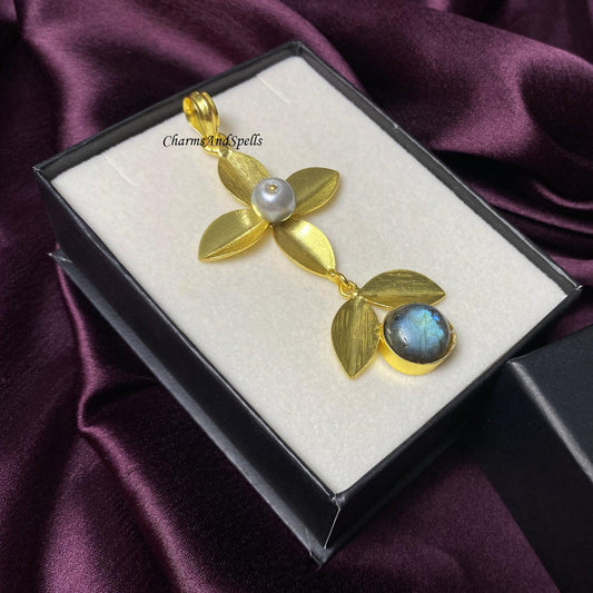 Natural Labradorite Pendant, Leaf Design Pendant, Beautiful Vintage Design Jewelry, Pearl Pendant, Designer Pendant, Gemstone Pendant, Gift - Charms And Spells
