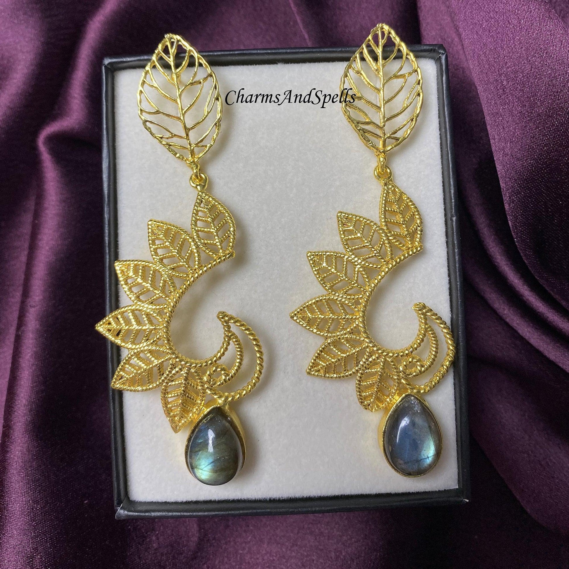 Labradorite Gemstone Jewelry, Women Earring, Gold Plated Jewelry, Designer Earring, Filigree Design Earring, Leaf Earring, Celtic Earring - Charms And Spells