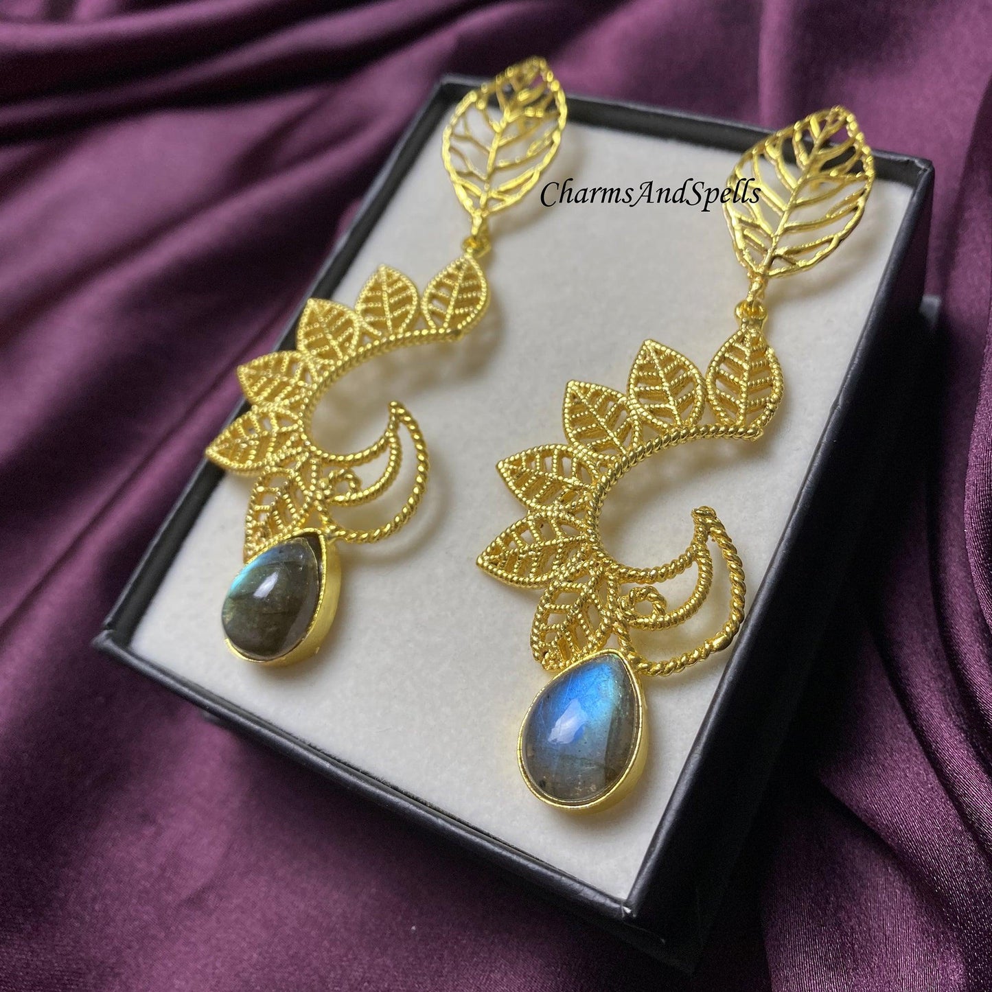 Labradorite Gemstone Jewelry, Women Earring, Gold Plated Jewelry, Designer Earring, Filigree Design Earring, Leaf Earring, Celtic Earring - Charms And Spells