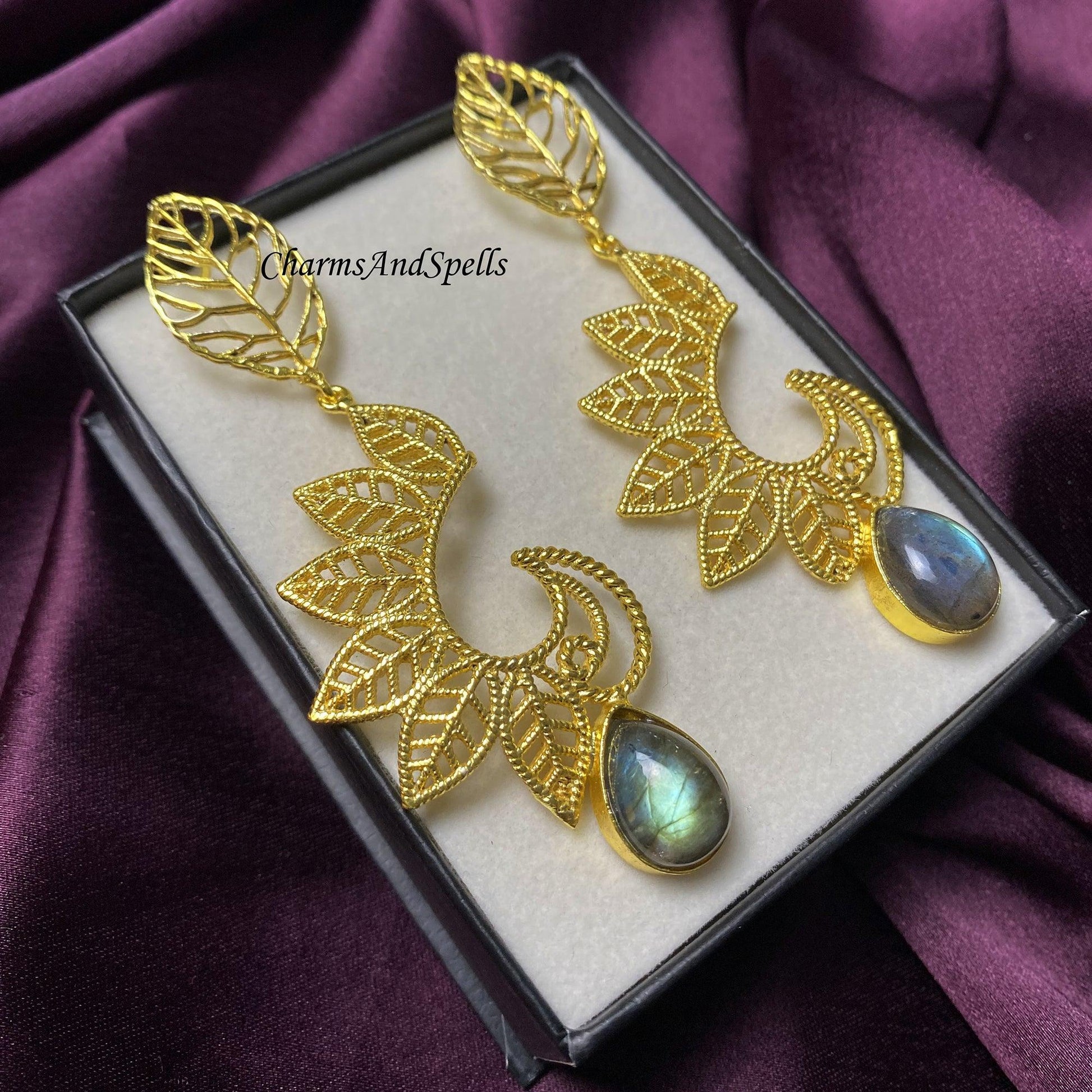 Labradorite Gemstone Jewelry, Women Earring, Gold Plated Jewelry, Designer Earring, Filigree Design Earring, Leaf Earring, Celtic Earring - Charms And Spells