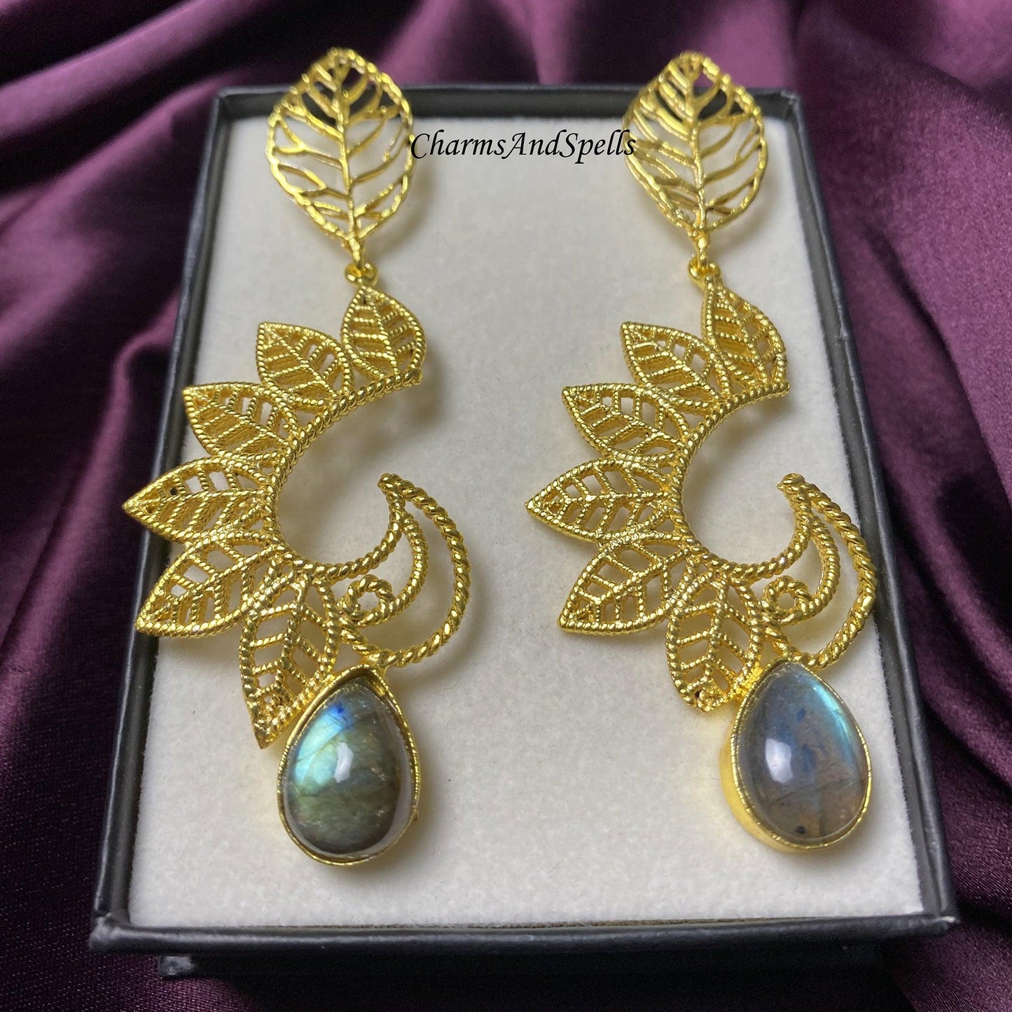 Labradorite Gemstone Jewelry, Women Earring, Gold Plated Jewelry, Designer Earring, Filigree Design Earring, Leaf Earring, Celtic Earring - Charms And Spells