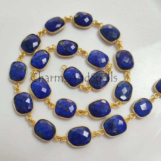 1 Feet Chain, Natural Lapis Lazuli Station Connector Chain, Lapis Lazuli Gemstone Gold Plated Bezel Connector Chain, 12-16 mm Bezel Jewelry Making Chain - Charms And Spells